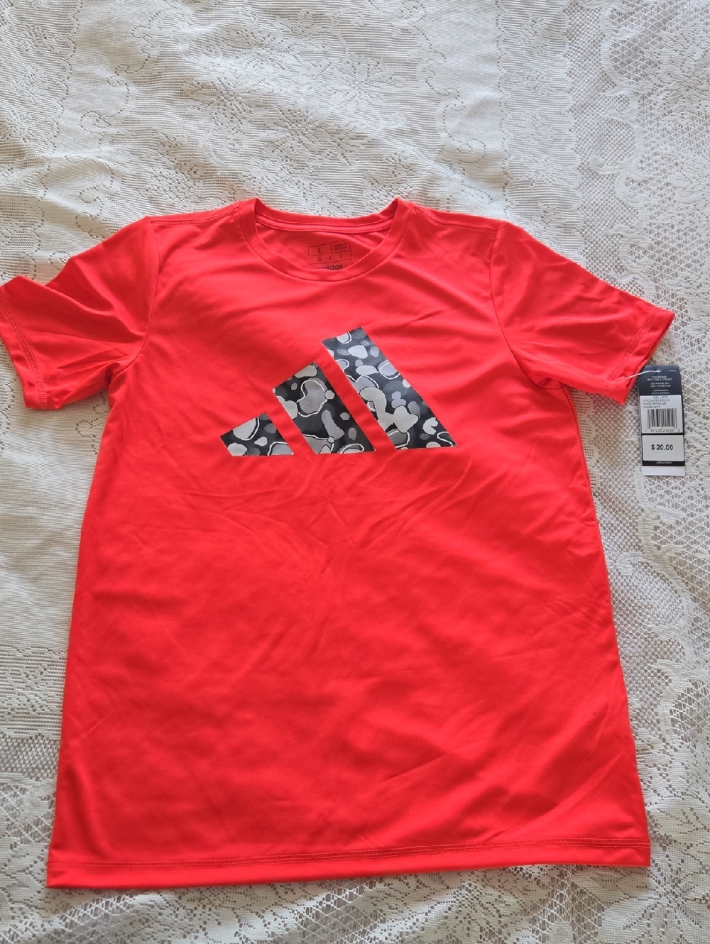 Adidas Neon Coral Performance Tee with Camouflage Logo Boys Sz L